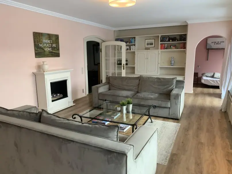 plush74 modern living room with pink walls 2