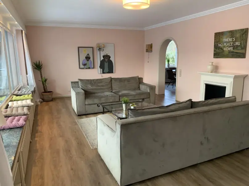 plush74 modern living room with pink walls 4